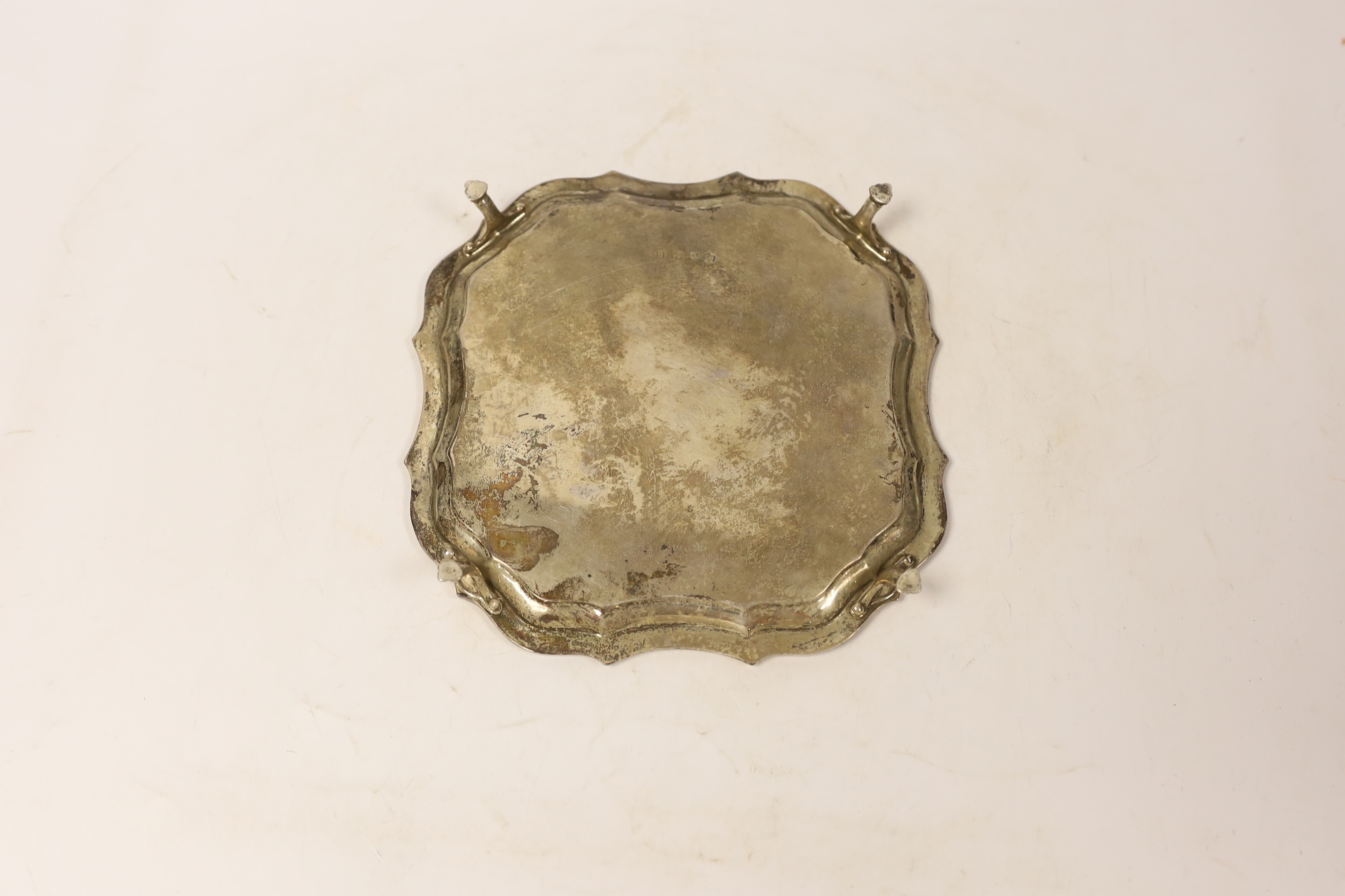 A George V silver waiter, with engraved inscription, Barker Brothers Silver Ltd. Birmingham, 1930, 18.1cm, 8.5oz.